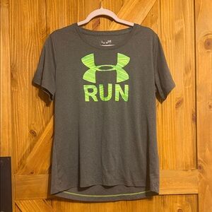 Under Armour Gray Short Sleeve RUN Logo Tee with Neon Green Graphic